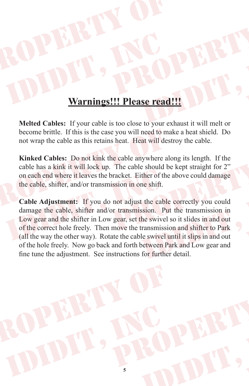 Warnings!!! please read | ididit Cable Shift Linkage Kit: Column to Chrysler 727&904 Transmission User Manual | Page 6 / 8