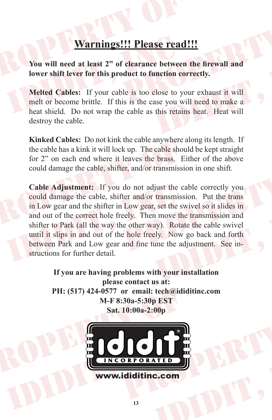 Warnings!!! please read | ididit Cable Shift Linkage Kit: GM Column to GM Transmission User Manual | Page 14 / 16