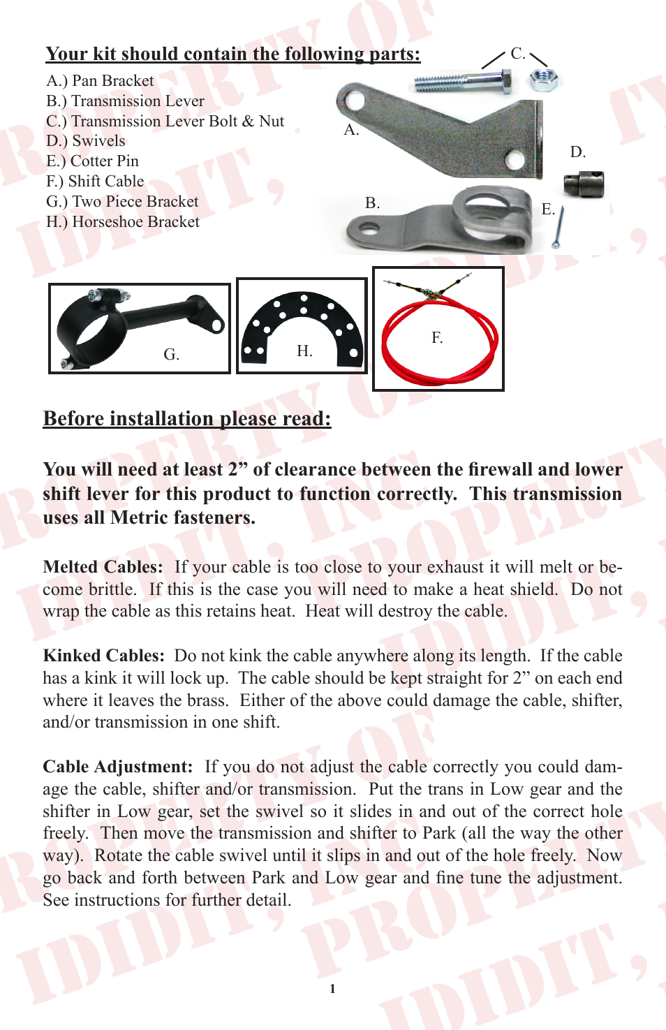 Before installation please read | ididit Cable Shift Linkage Kit: Ford Column to Ford C-4 Transmission User Manual | Page 2 / 8