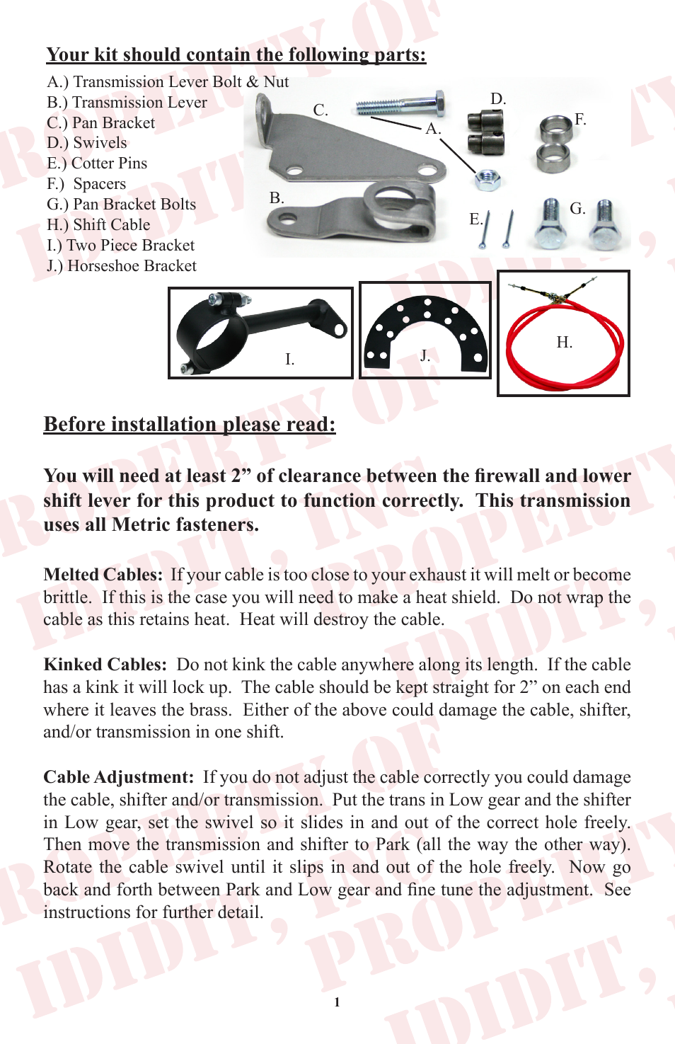 Before installation please read | ididit Cable Shift Linkage Kit: Ford Column to Ford C-6 Transmission User Manual | Page 2 / 8