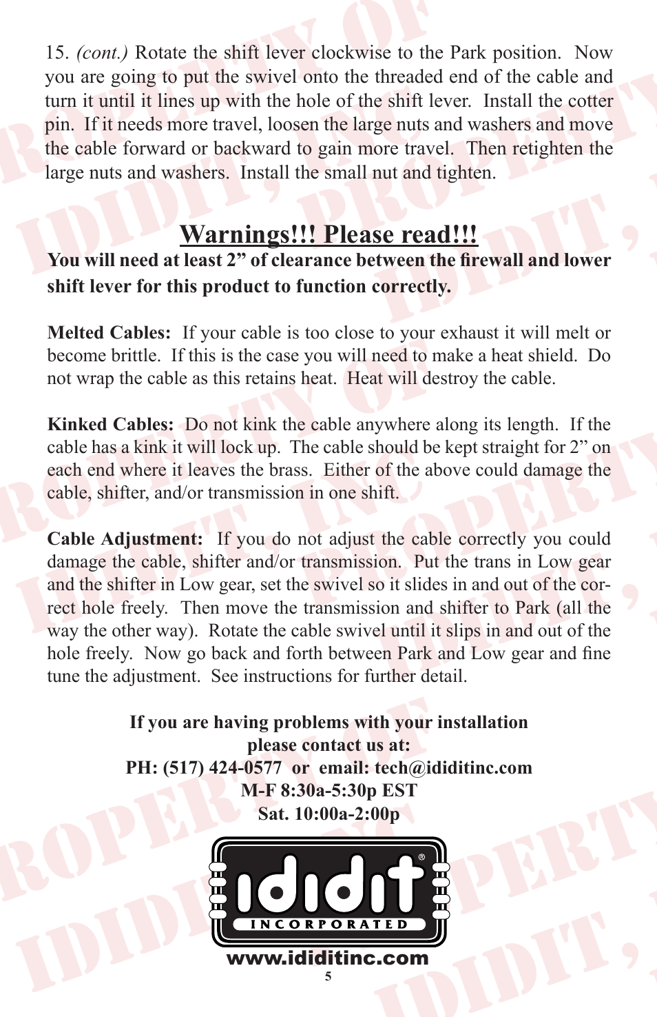Warnings!!! please read | ididit Cable Shift Linkage Kit: Ford Column to Ford C-6 Transmission User Manual | Page 6 / 8