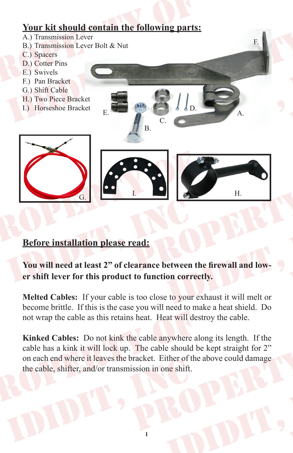 Before installation please read, Your kit should contain the following parts | ididit Cable Shift Linkage Kit: Chrysler Column to Chrysler 727&904 Transmission User Manual | Page 2 / 8