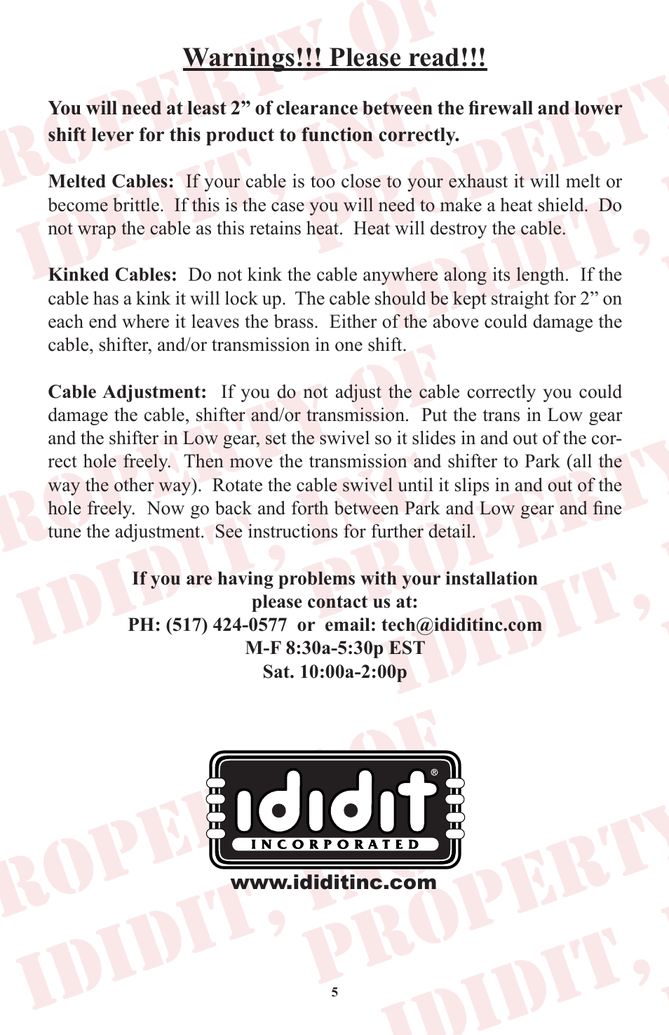 Warnings!!! please read | ididit Cable Shift Linkage Kit: Chrysler Column to Chrysler 727&904 Transmission User Manual | Page 6 / 8