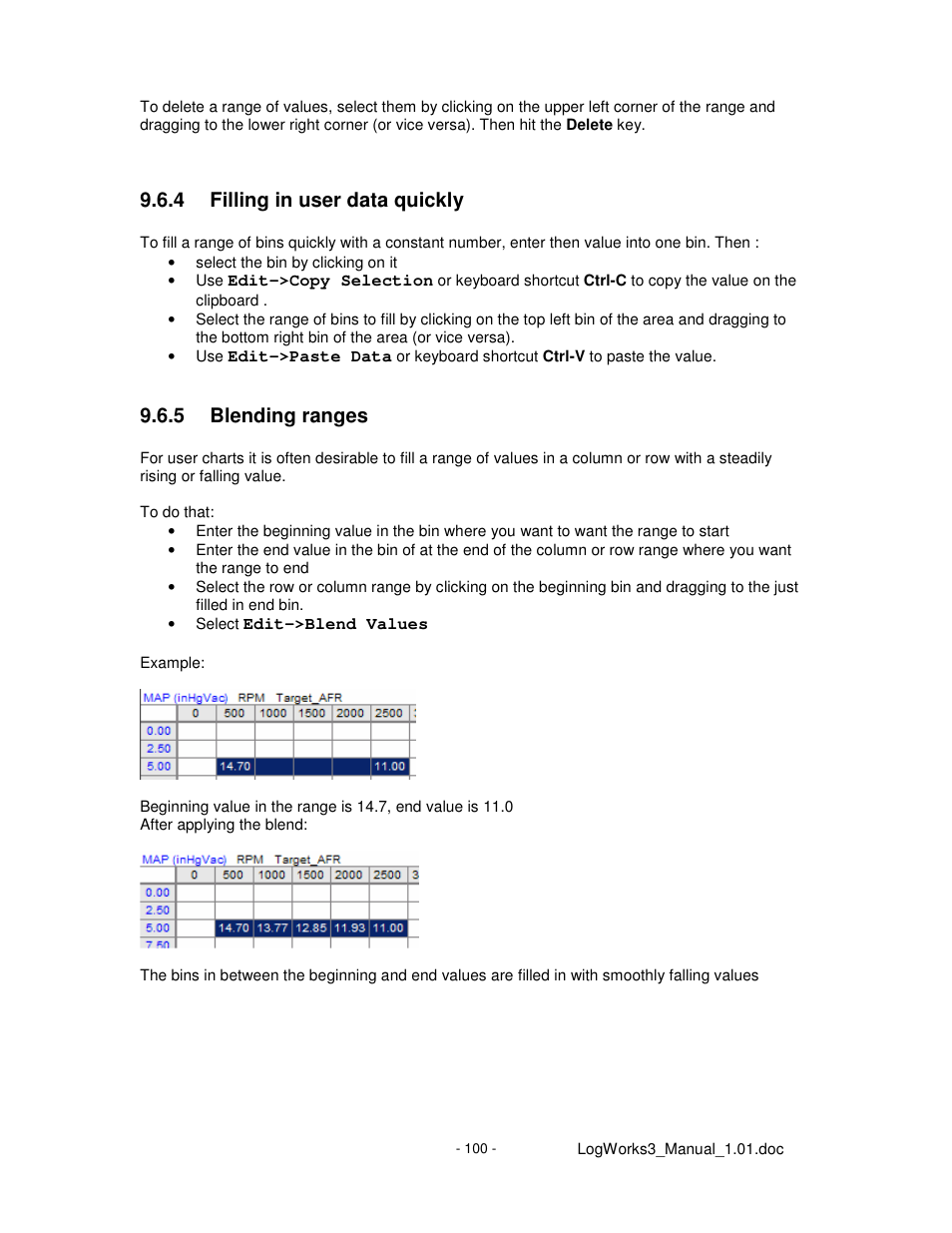 4 filling in user data quickly, 5 blending ranges | Innovate Motorsports LogWorks 3 User Manual | Page 100 / 145