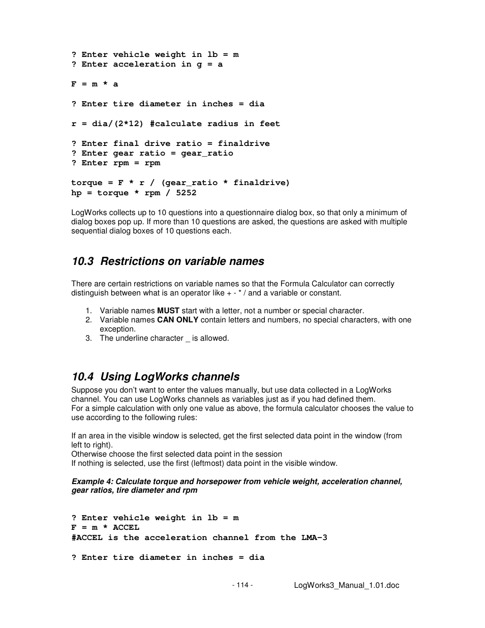 3 restrictions on variable names, 4 using logworks channels | Innovate Motorsports LogWorks 3 User Manual | Page 114 / 145