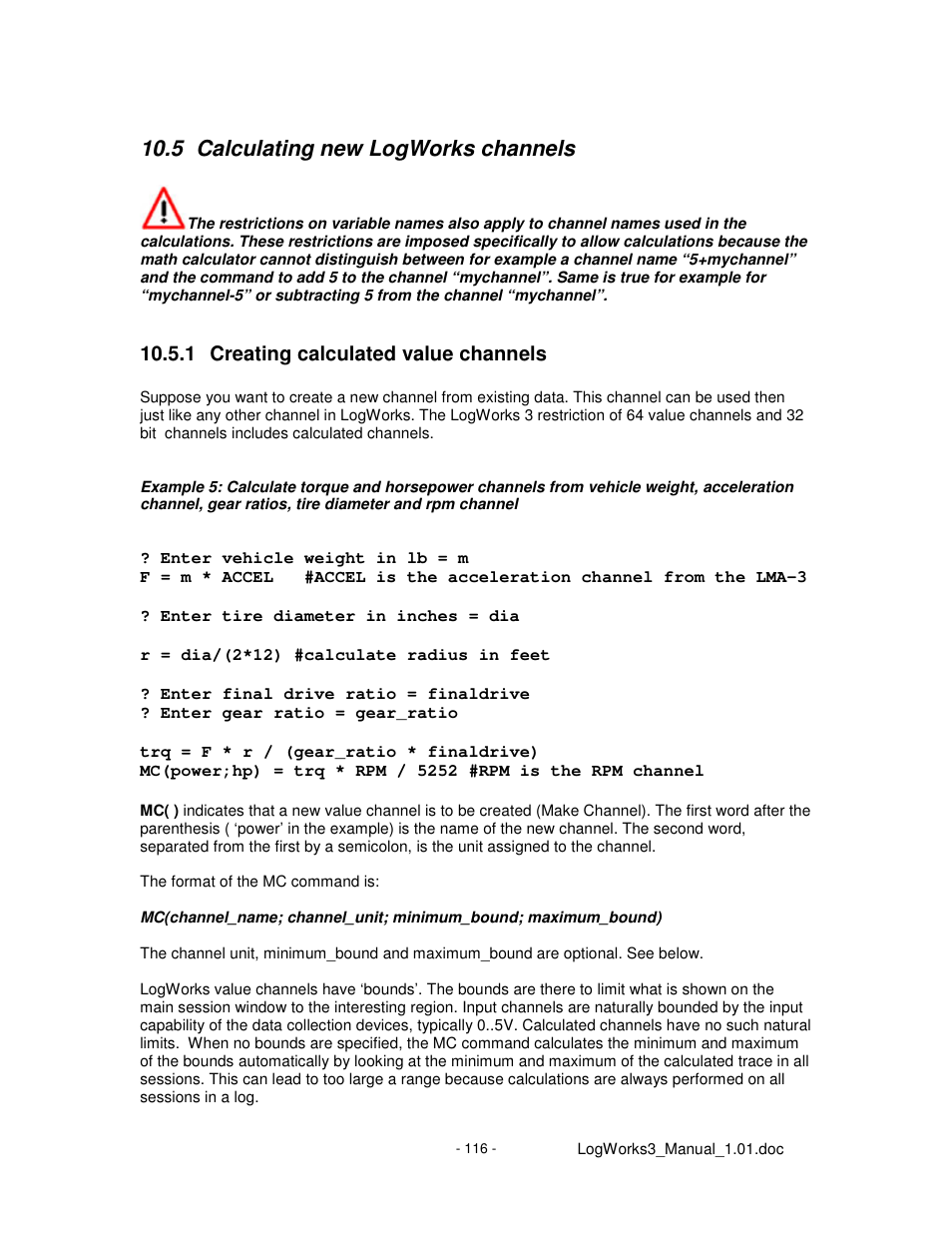 5 calculating new logworks channels, 1 creating calculated value channels | Innovate Motorsports LogWorks 3 User Manual | Page 116 / 145