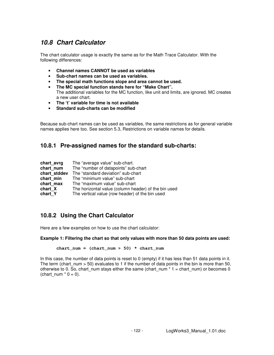 8 chart calculator, 1 pre-assigned names for the standard sub-charts, 2 using the chart calculator | Innovate Motorsports LogWorks 3 User Manual | Page 122 / 145