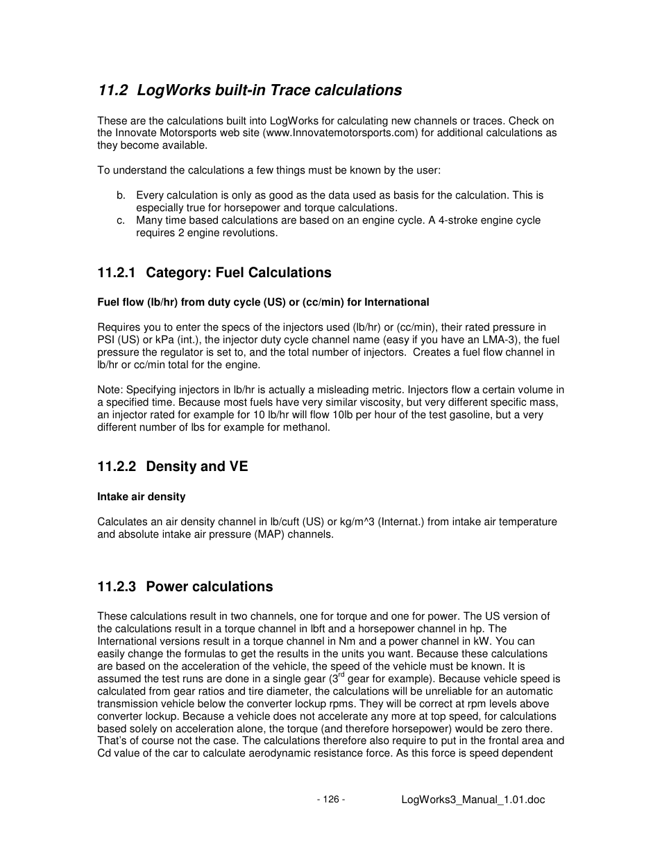 2 logworks built-in trace calculations, 1 category: fuel calculations, 2 density and ve | 3 power calculations | Innovate Motorsports LogWorks 3 User Manual | Page 126 / 145