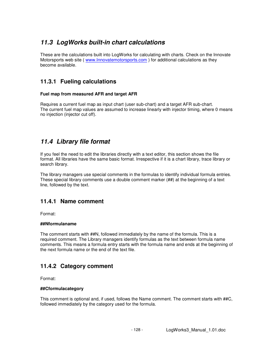 3 logworks built-in chart calculations, 4 library file format, 1 fueling calculations | 1 name comment, 2 category comment | Innovate Motorsports LogWorks 3 User Manual | Page 128 / 145