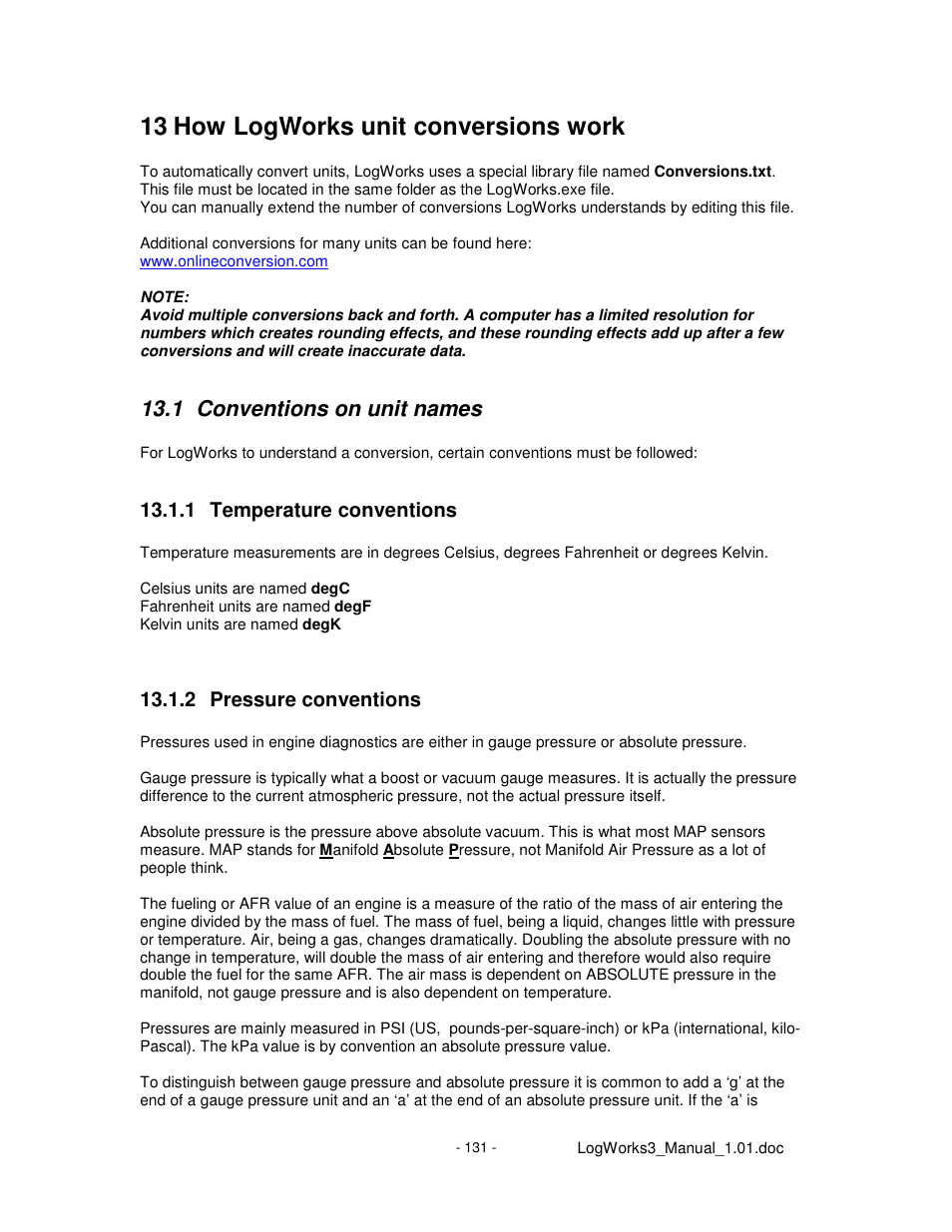 13 how logworks unit conversions work, 1 conventions on unit names | Innovate Motorsports LogWorks 3 User Manual | Page 131 / 145