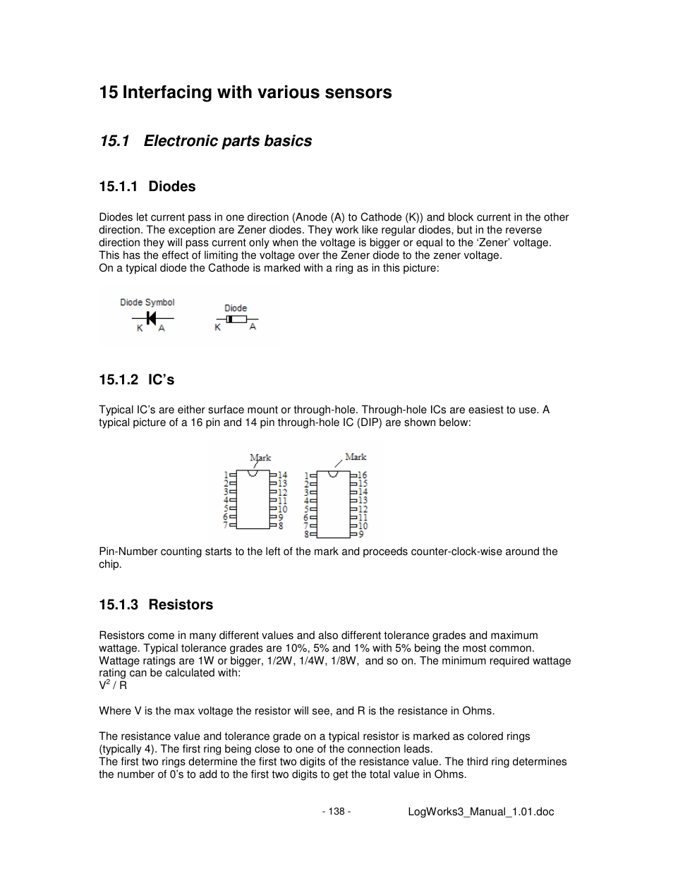 15 interfacing with various sensors, 1 electronic parts basics, 1 diodes | 2 ic’s, 3 resistors | Innovate Motorsports LogWorks 3 User Manual | Page 138 / 145