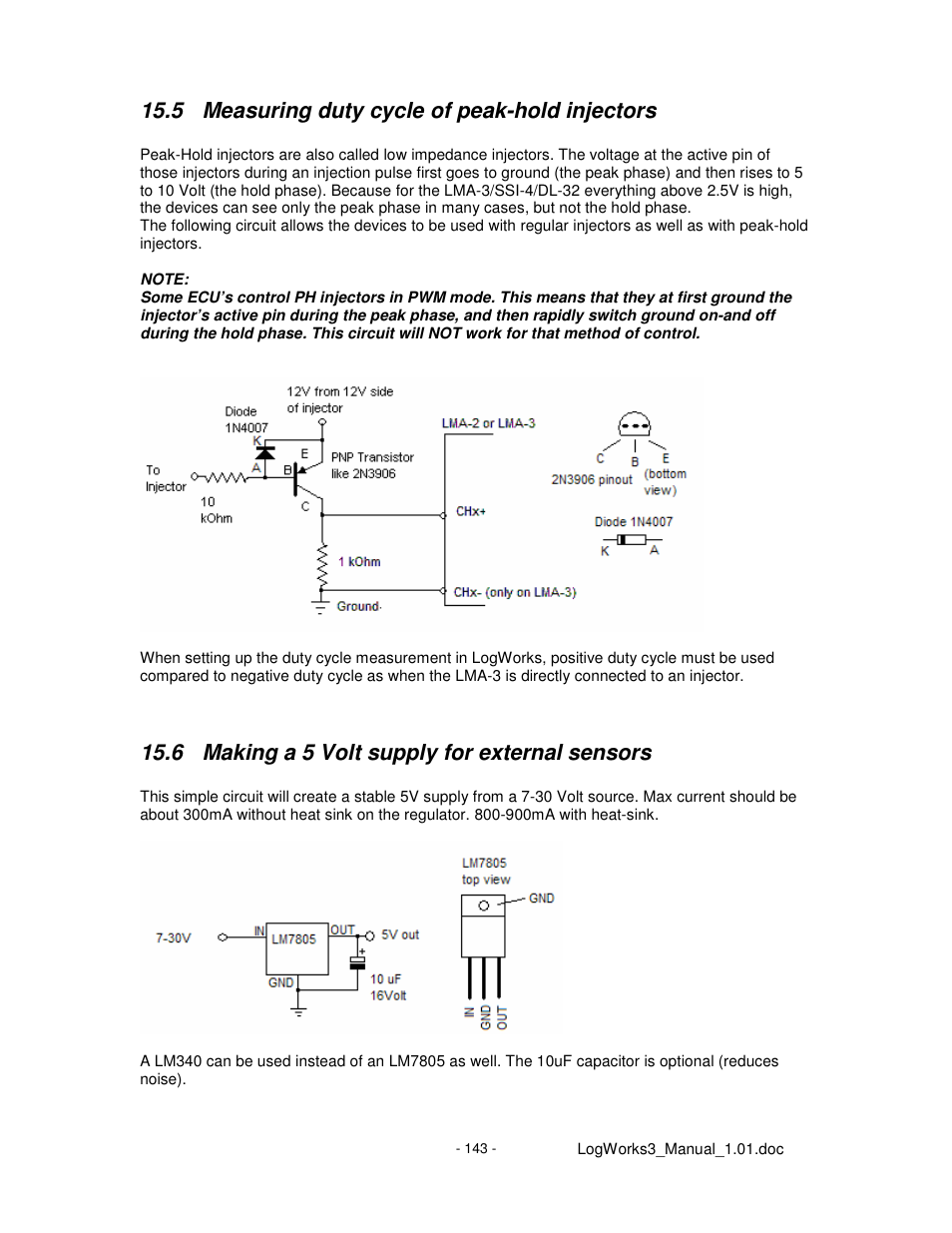 5 measuring duty cycle of peak-hold injectors, 6 making a 5 volt supply for external sensors | Innovate Motorsports LogWorks 3 User Manual | Page 143 / 145