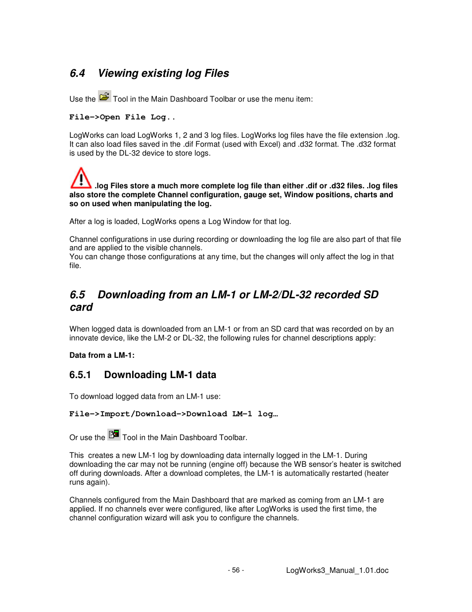 4 viewing existing log files, 1 downloading lm-1 data | Innovate Motorsports LogWorks 3 User Manual | Page 56 / 145