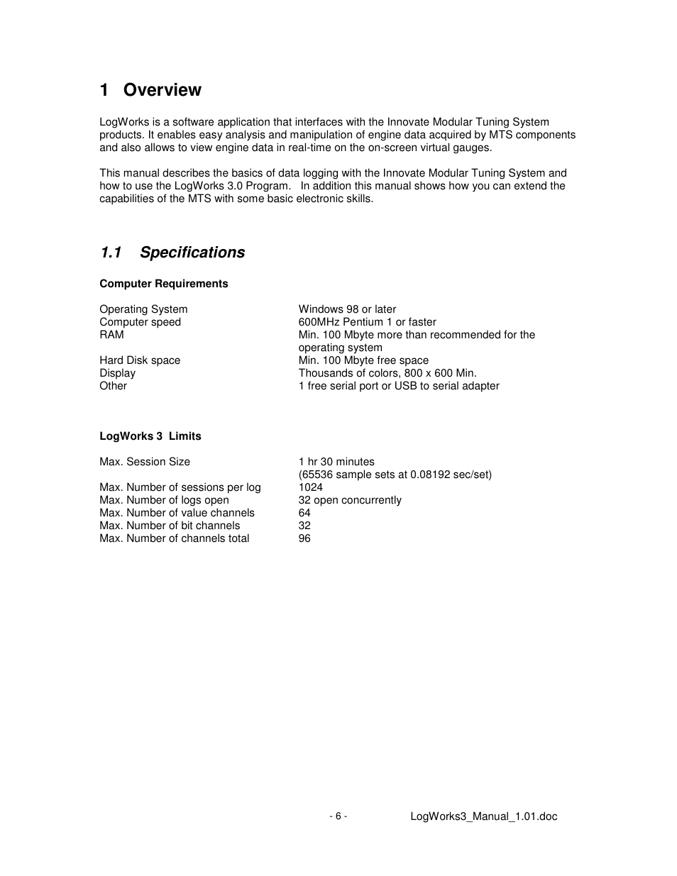 1 overview, 1 specifications | Innovate Motorsports LogWorks 3 User Manual | Page 6 / 145