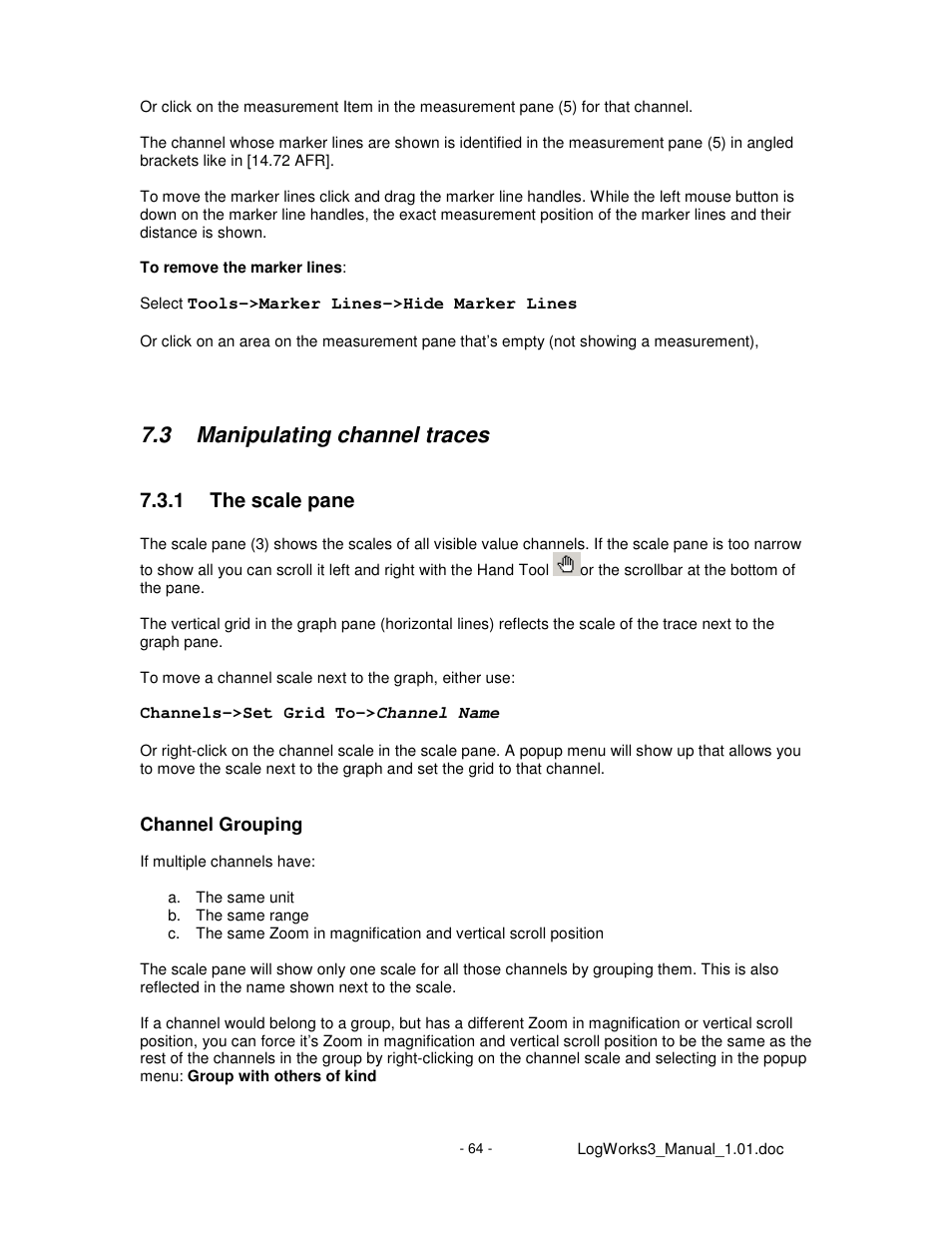 3 manipulating channel traces, 1 the scale pane | Innovate Motorsports LogWorks 3 User Manual | Page 64 / 145