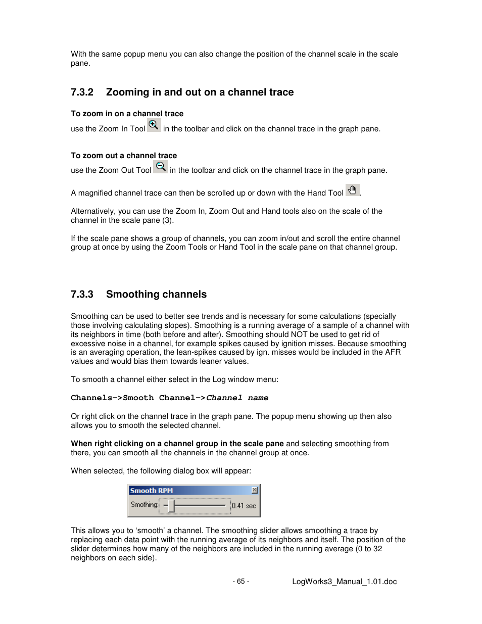 2 zooming in and out on a channel trace, 3 smoothing channels | Innovate Motorsports LogWorks 3 User Manual | Page 65 / 145