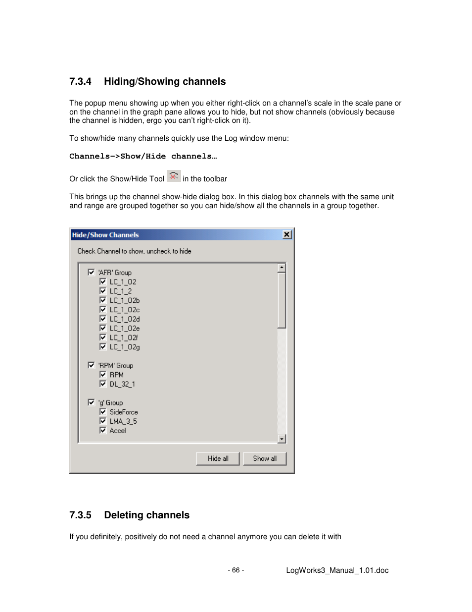 4 hiding/showing channels, 5 deleting channels | Innovate Motorsports LogWorks 3 User Manual | Page 66 / 145