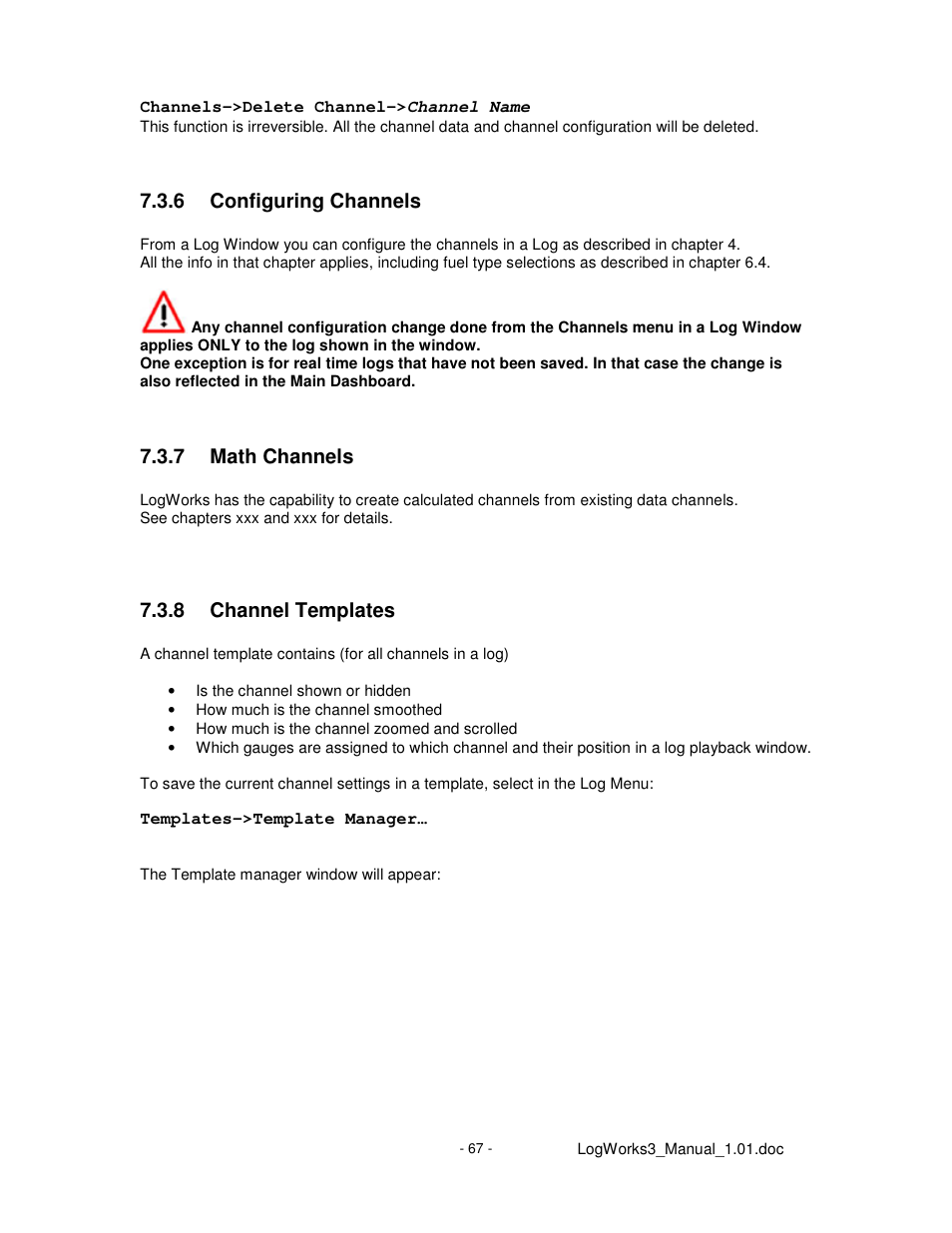 6 configuring channels, 7 math channels, 8 channel templates | Innovate Motorsports LogWorks 3 User Manual | Page 67 / 145
