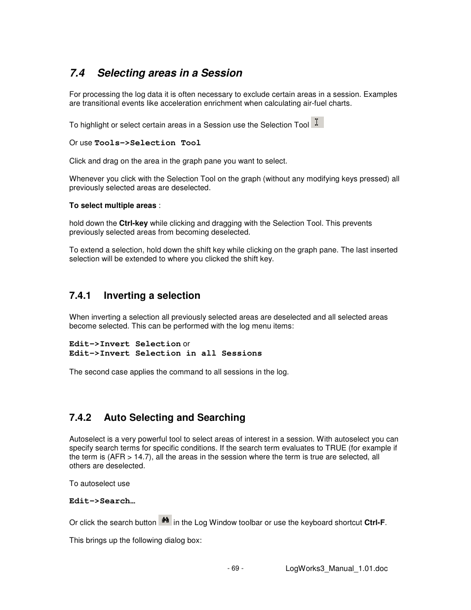 4 selecting areas in a session, 1 inverting a selection, 2 auto selecting and searching | Innovate Motorsports LogWorks 3 User Manual | Page 69 / 145
