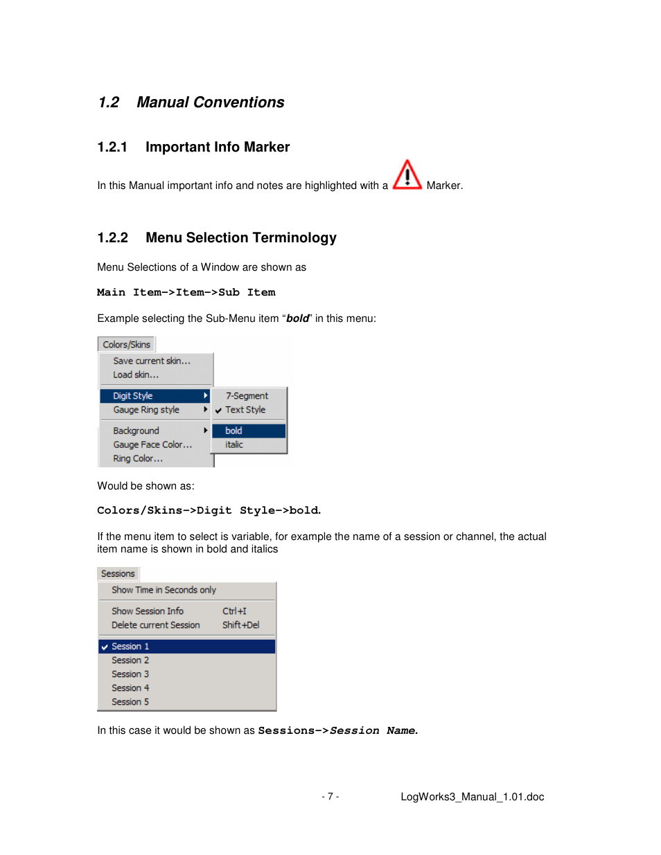 2 manual conventions, 1 important info marker, 2 menu selection terminology | Innovate Motorsports LogWorks 3 User Manual | Page 7 / 145