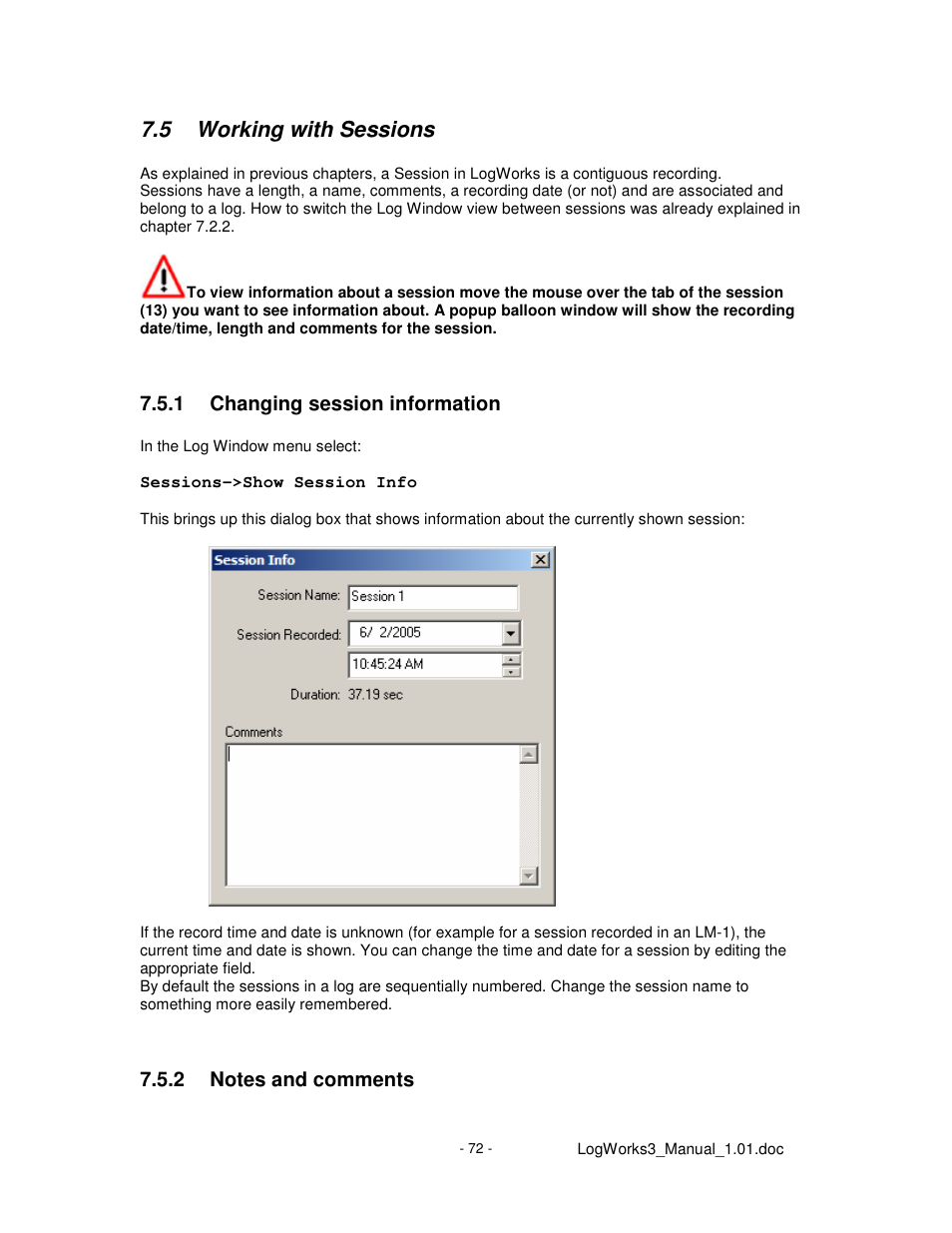 5 working with sessions, 1 changing session information | Innovate Motorsports LogWorks 3 User Manual | Page 72 / 145