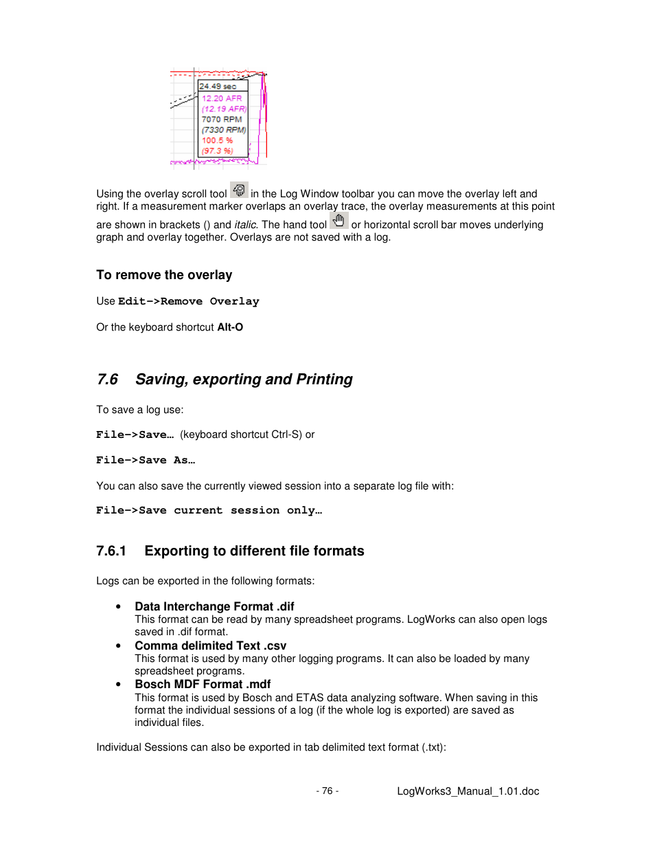 6 saving, exporting and printing, 1 exporting to different file formats | Innovate Motorsports LogWorks 3 User Manual | Page 76 / 145