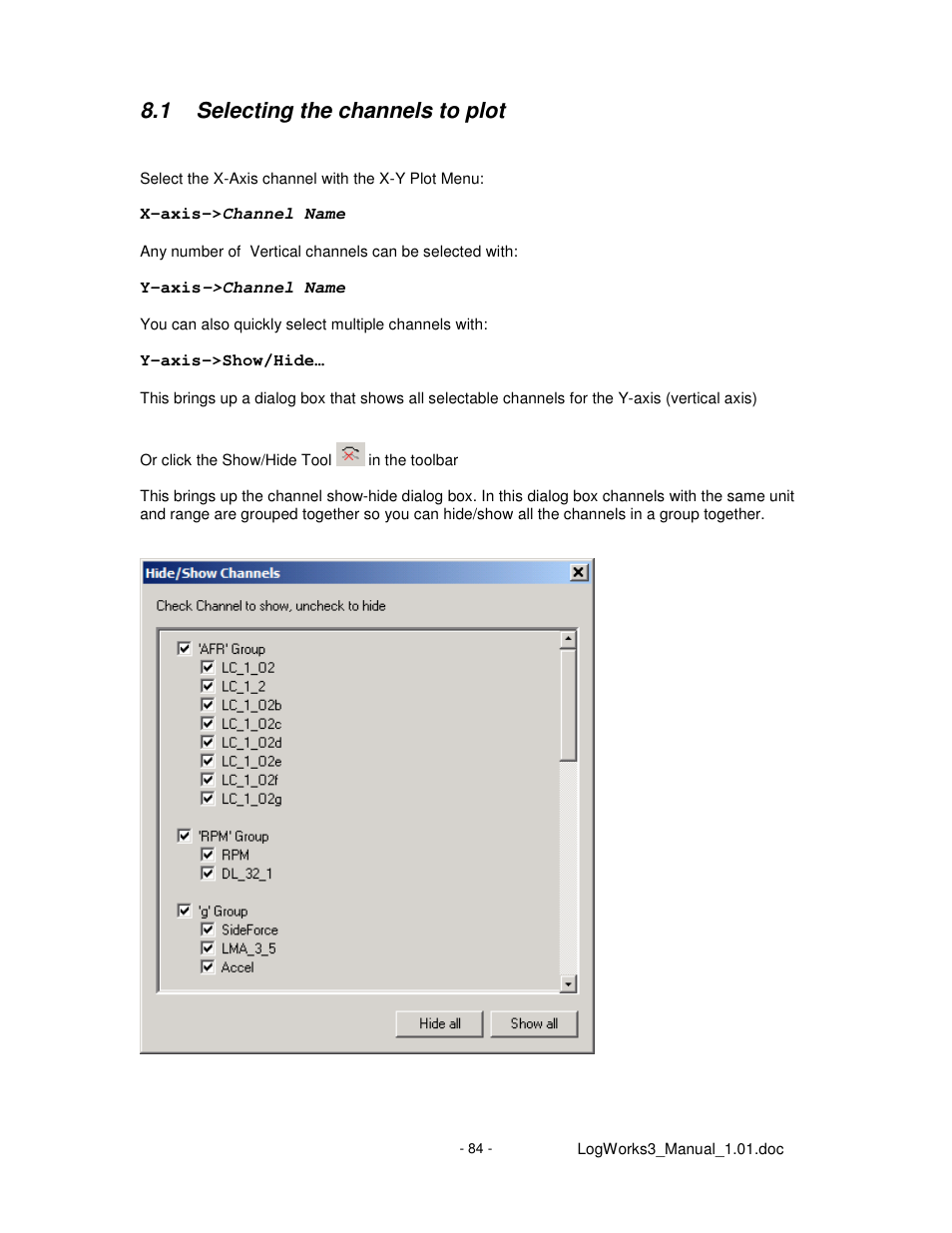 1 selecting the channels to plot | Innovate Motorsports LogWorks 3 User Manual | Page 84 / 145