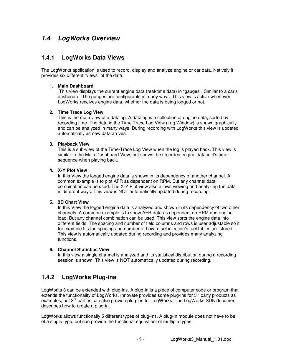 4 logworks overview, 1 logworks data views, 2 logworks plug-ins | Innovate Motorsports LogWorks 3 User Manual | Page 9 / 145