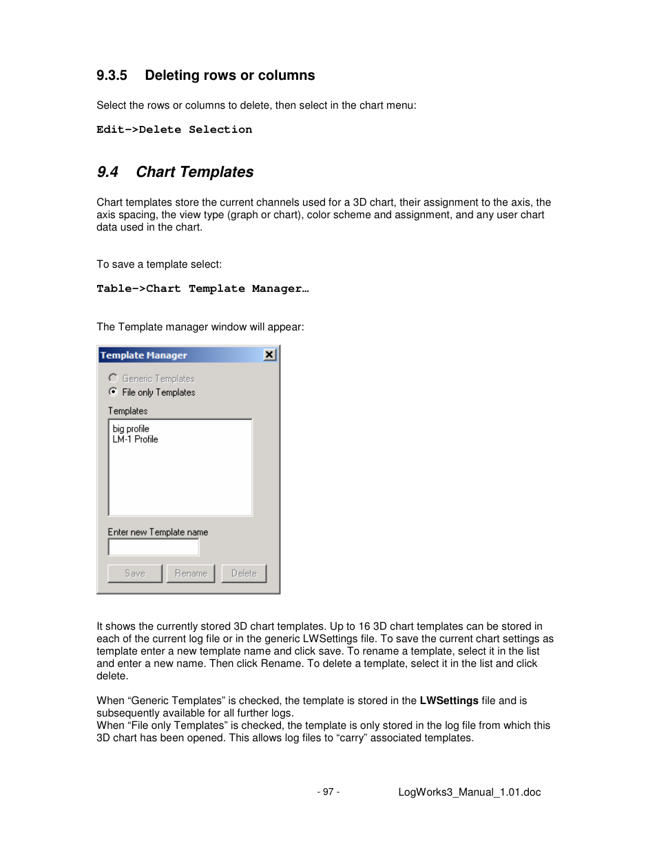 4 chart templates, 5 deleting rows or columns | Innovate Motorsports LogWorks 3 User Manual | Page 97 / 145
