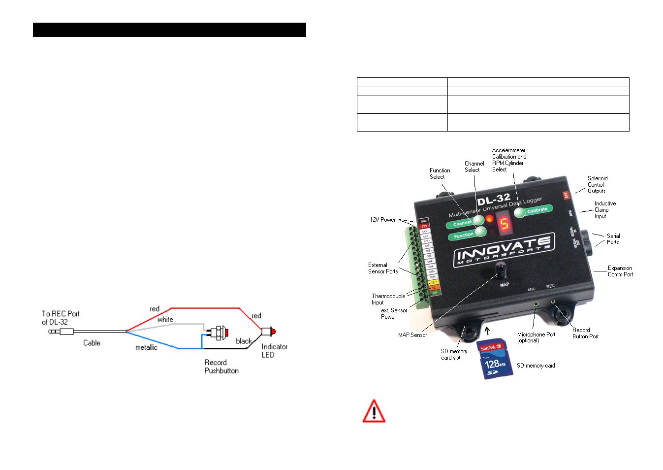 Dl32 - inside.doc, Dl-32, Quick start guide | Connecting a record button and indicator led | Innovate Motorsports DL-32 Quick Start Guide User Manual | Page 2 / 2