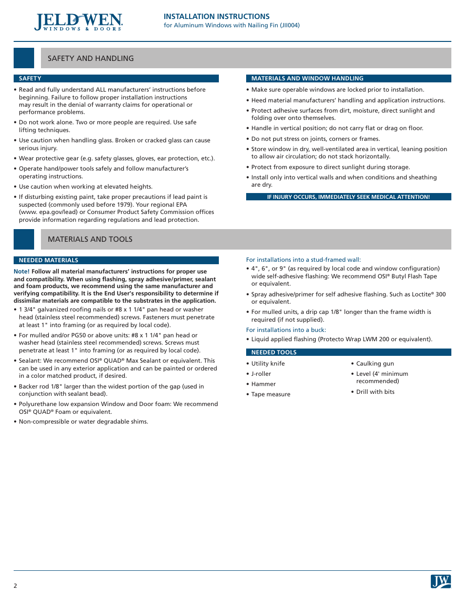 JELD-WEN JII004 Aluminum Windows with Nail Fin User Manual | Page 2 / 6