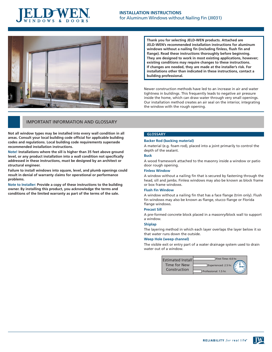 JELD-WEN JII031 Aluminum Windows without Nailing Fin User Manual | 6 pages