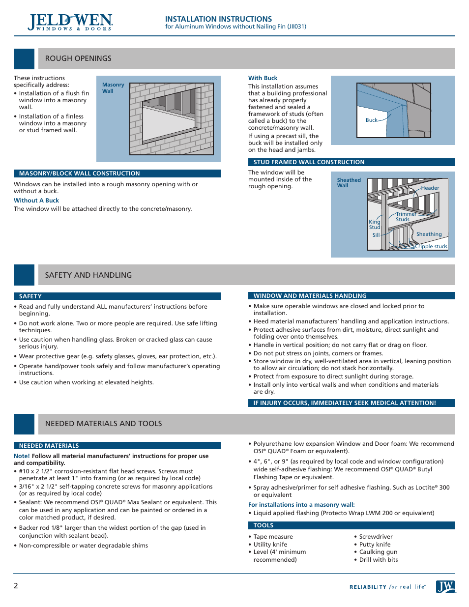 JELD-WEN JII031 Aluminum Windows without Nailing Fin User Manual | Page 2 / 6