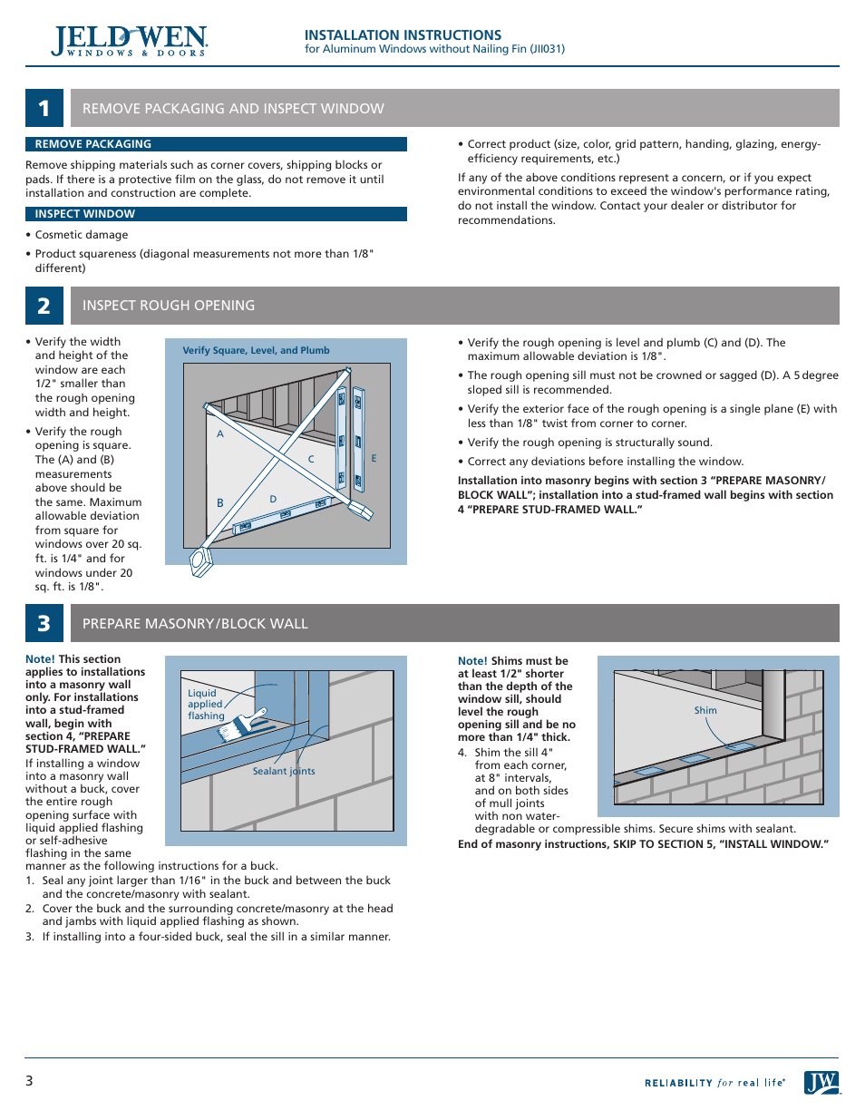 JELD-WEN JII031 Aluminum Windows without Nailing Fin User Manual | Page 3 / 6