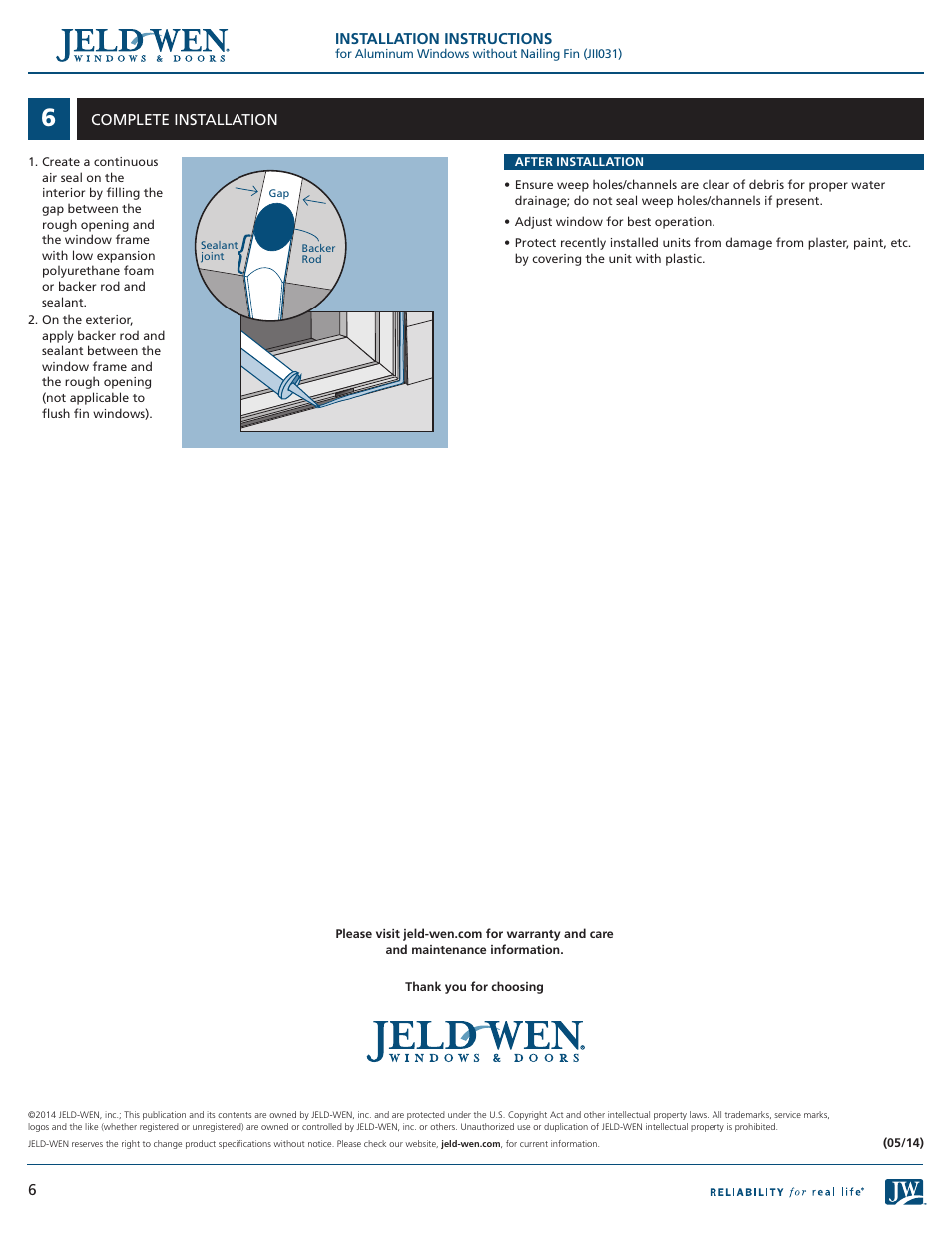 JELD-WEN JII031 Aluminum Windows without Nailing Fin User Manual | Page 6 / 6