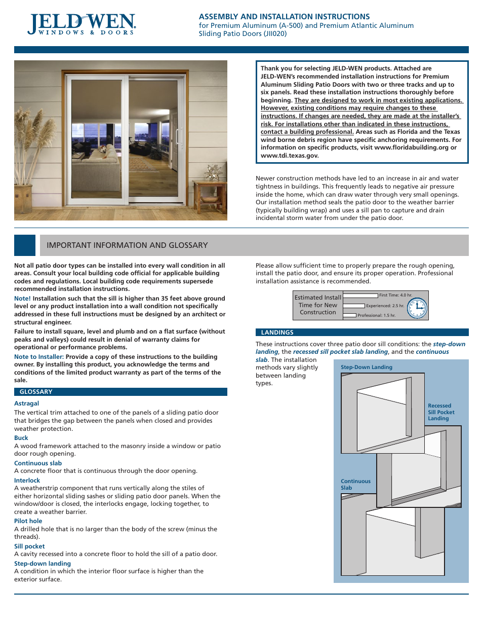 JELD-WEN JII020 Premium Aluminum (A-500) and Premium Atlantic Aluminum Sliding Patio Doors User Manual | 8 pages
