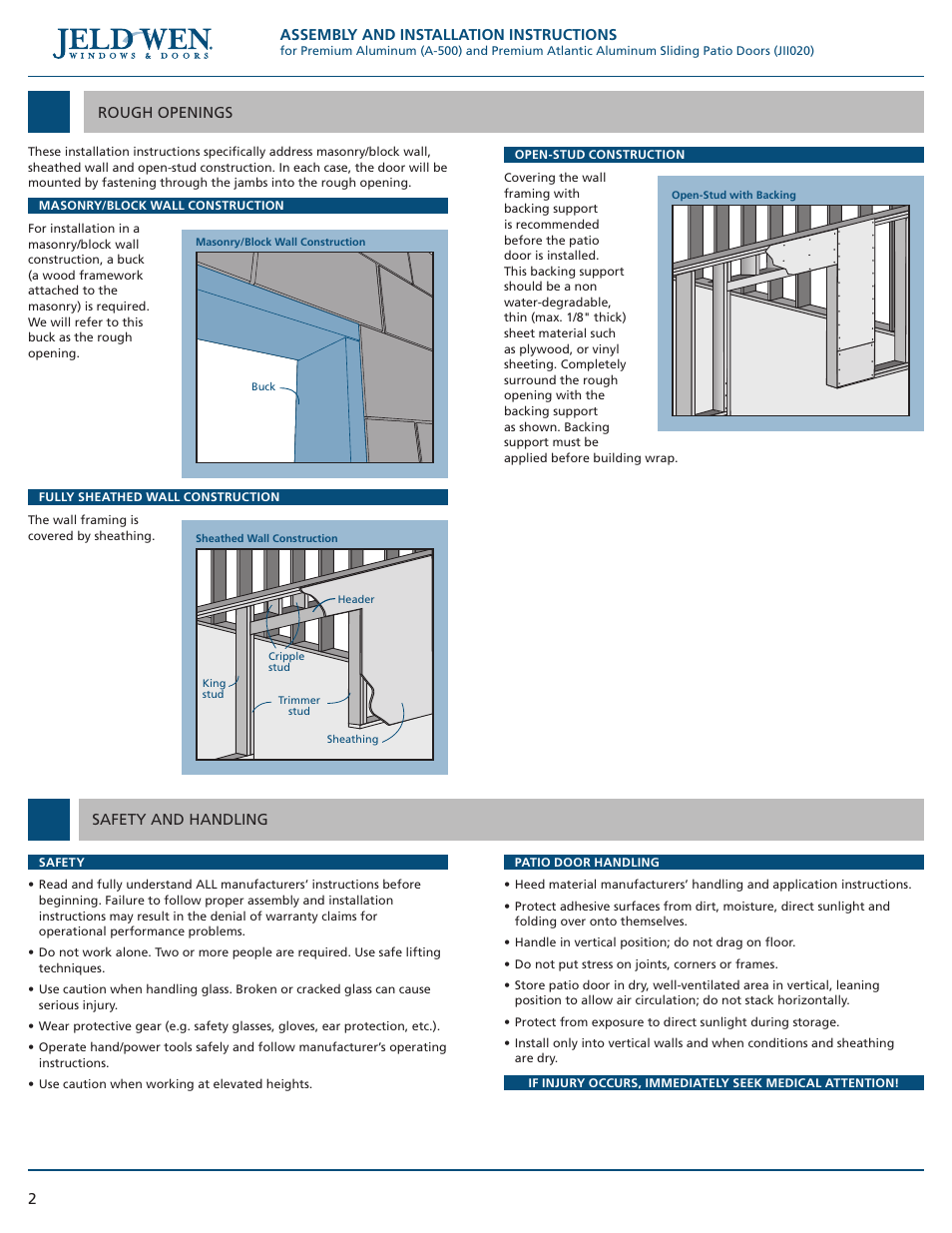 JELD-WEN JII020 Premium Aluminum (A-500) and Premium Atlantic Aluminum Sliding Patio Doors User Manual | Page 2 / 8