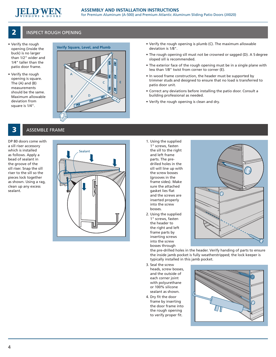 JELD-WEN JII020 Premium Aluminum (A-500) and Premium Atlantic Aluminum Sliding Patio Doors User Manual | Page 4 / 8