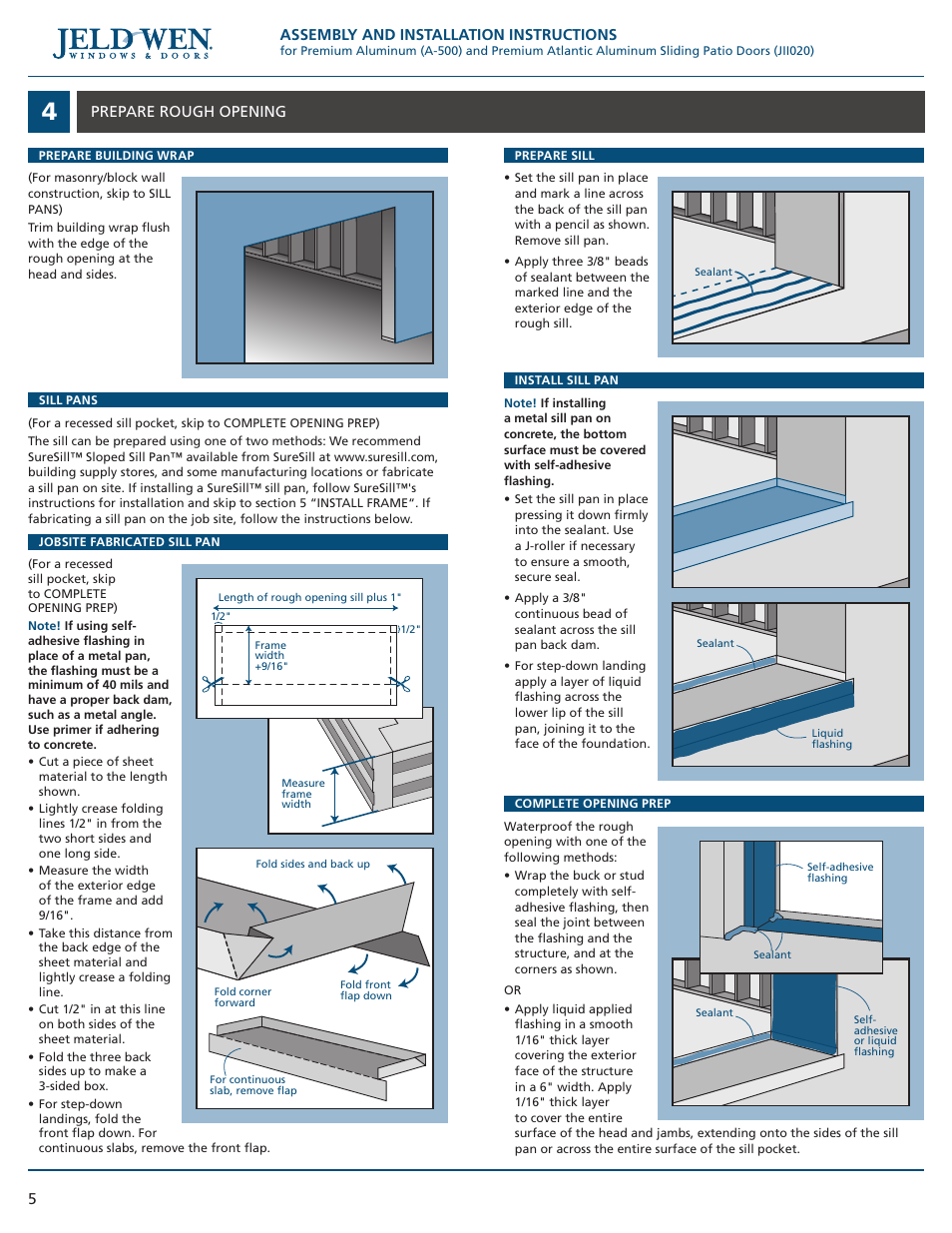 Assembly and installation instructions, Prepare rough opening | JELD-WEN JII020 Premium Aluminum (A-500) and Premium Atlantic Aluminum Sliding Patio Doors User Manual | Page 5 / 8