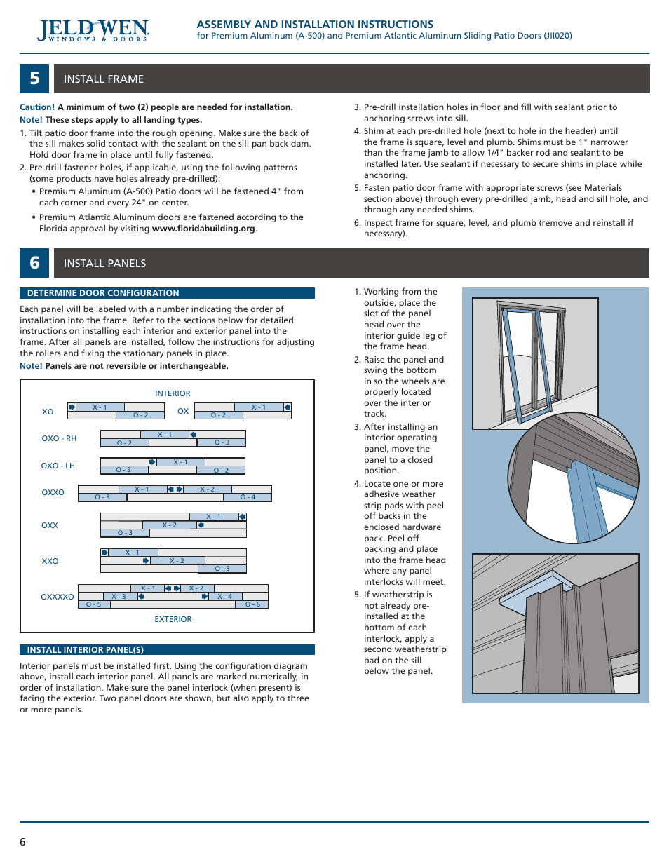 Assembly and installation instructions, Install frame, Install panels | JELD-WEN JII020 Premium Aluminum (A-500) and Premium Atlantic Aluminum Sliding Patio Doors User Manual | Page 6 / 8