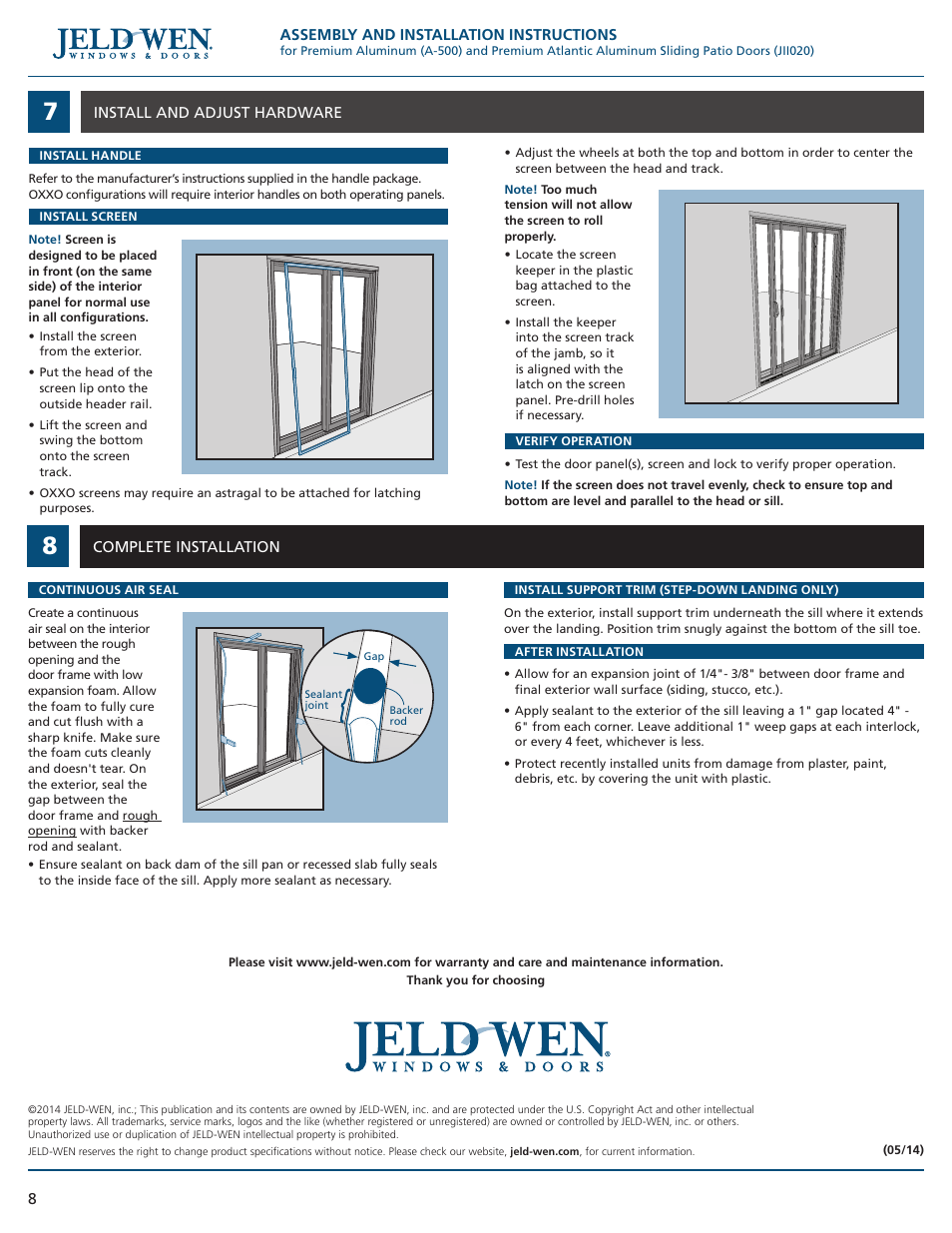 JELD-WEN JII020 Premium Aluminum (A-500) and Premium Atlantic Aluminum Sliding Patio Doors User Manual | Page 8 / 8