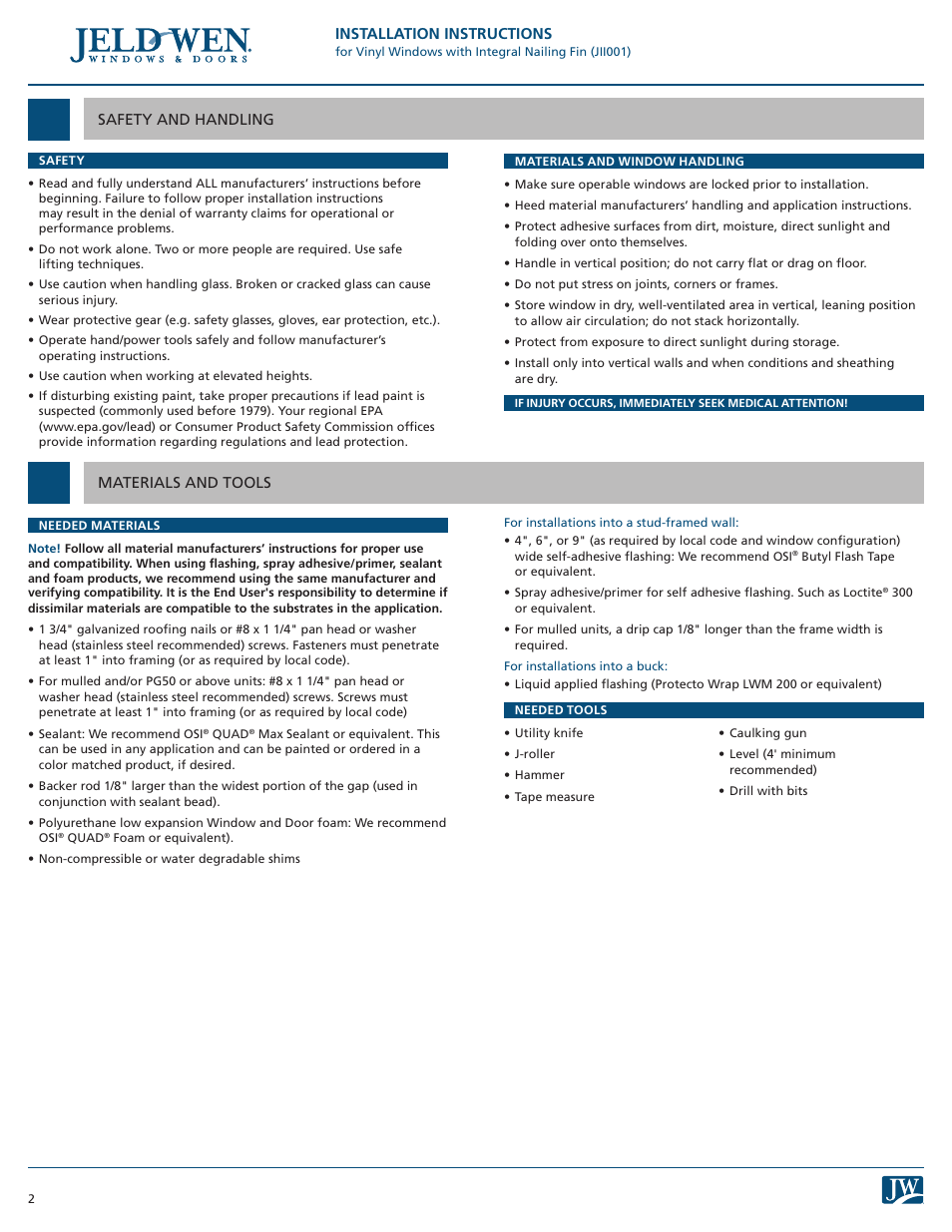 JELD-WEN JII001 Vinyl Windows with Integral Nailing Fin User Manual | Page 2 / 7