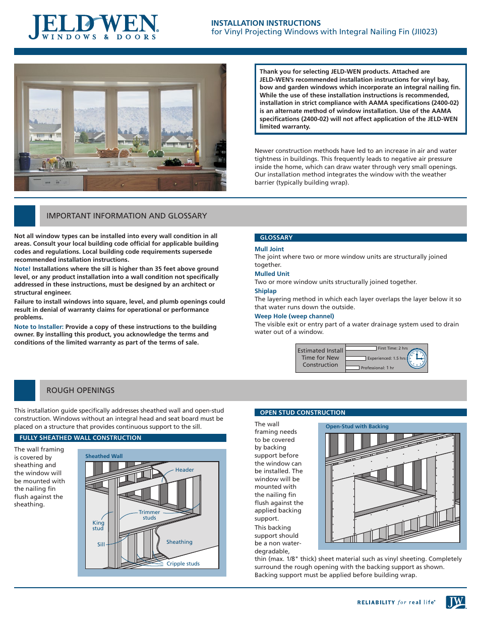 JELD-WEN JII023 Vinyl Projecting Windows with Integral Nailing Fin User Manual | 8 pages