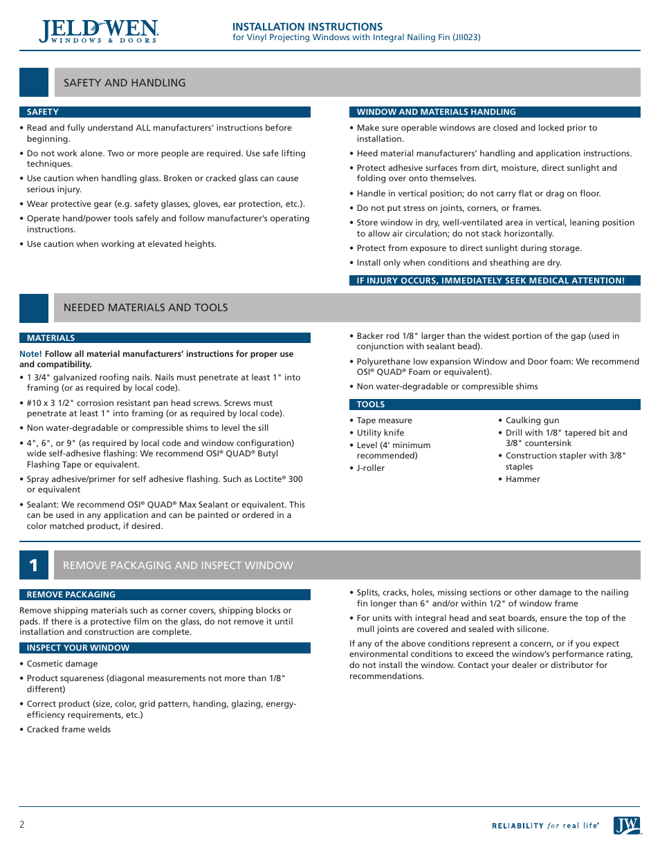 JELD-WEN JII023 Vinyl Projecting Windows with Integral Nailing Fin User Manual | Page 2 / 8