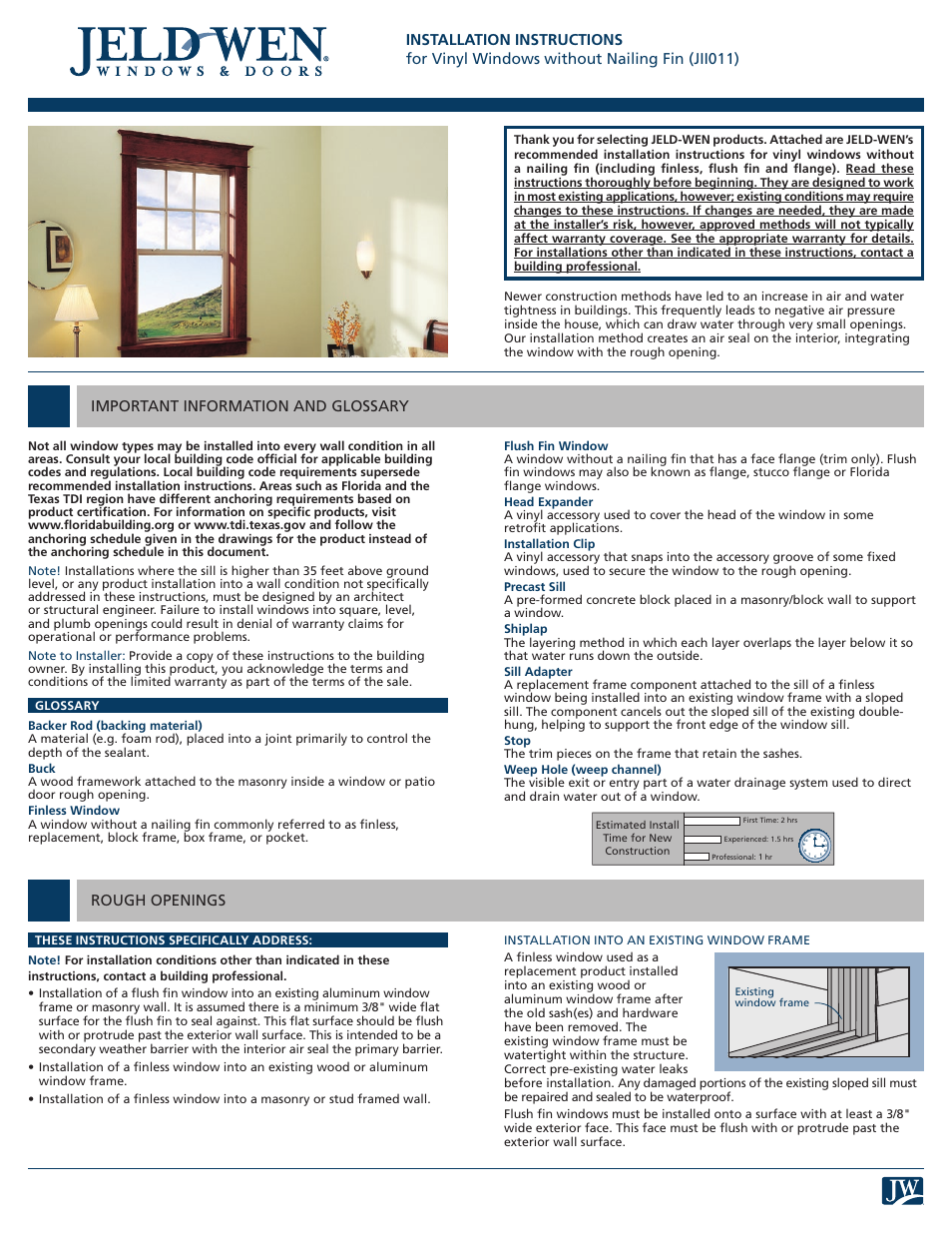 JELD-WEN JII011 Vinyl Windows without Nailing Fin User Manual | 7 pages