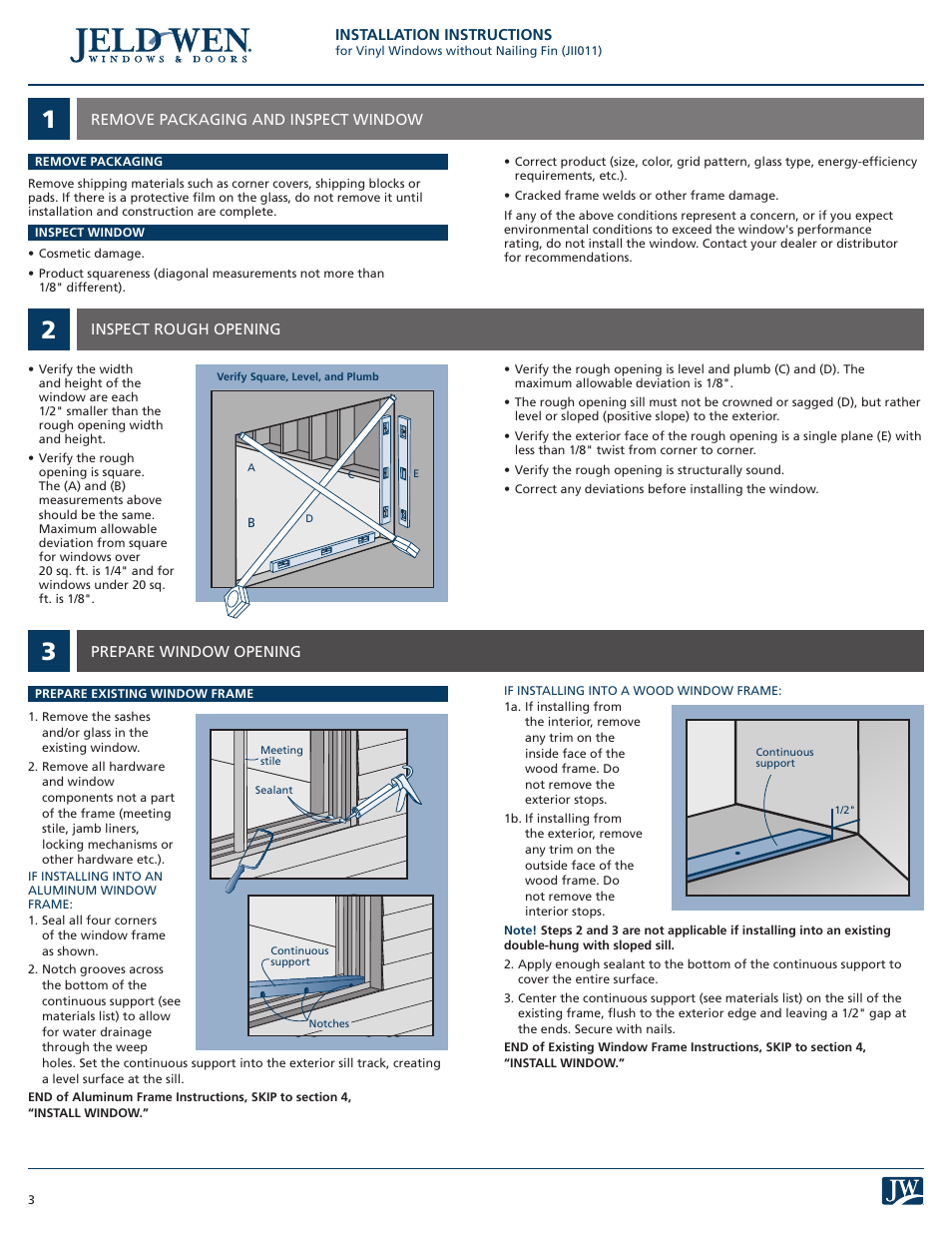 JELD-WEN JII011 Vinyl Windows without Nailing Fin User Manual | Page 3 / 7