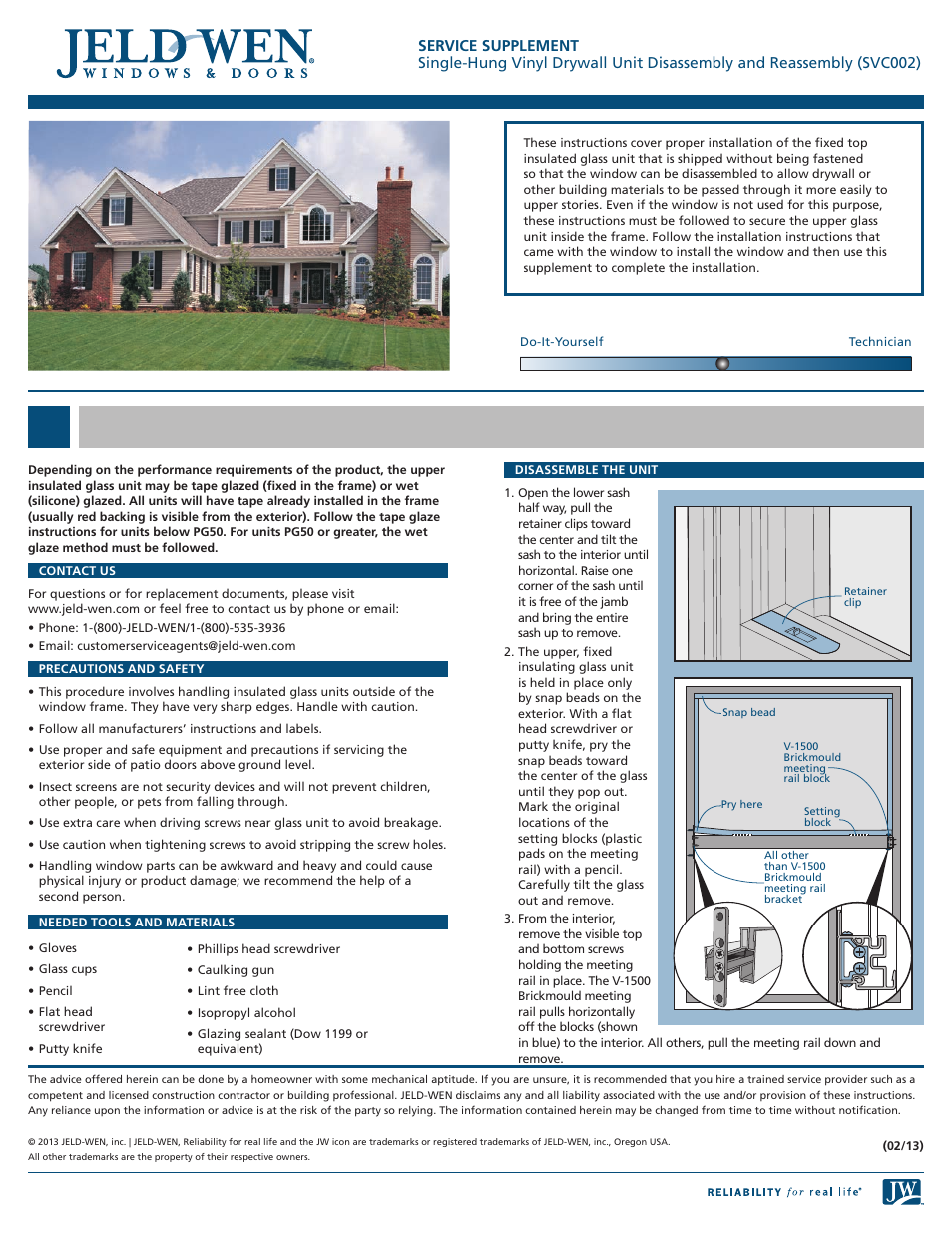 JELD-WEN SVC002 Single-Hung Vinyl Drywall Unit Disassembly and Reassembly User Manual | 2 pages