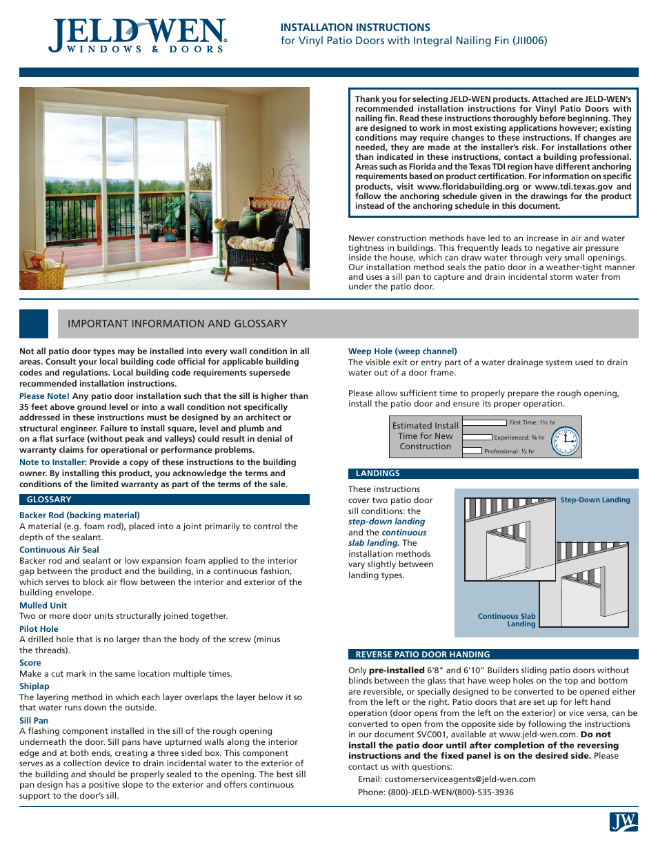 JELD-WEN JII006 Vinyl Patio Doors with Integral Nailing Fin User Manual | 8 pages