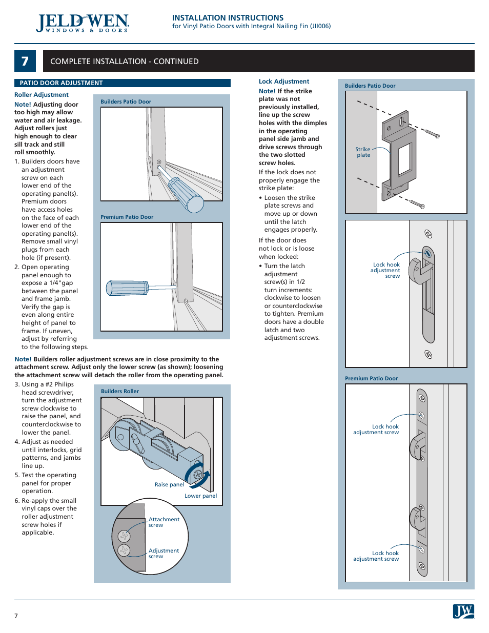 Installation instructions, Complete installation - continued | JELD-WEN JII006 Vinyl Patio Doors with Integral Nailing Fin User Manual | Page 7 / 8