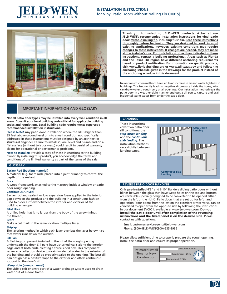 JELD-WEN JII015 Vinyl Patio Doors without Nailing Fin User Manual | 9 pages